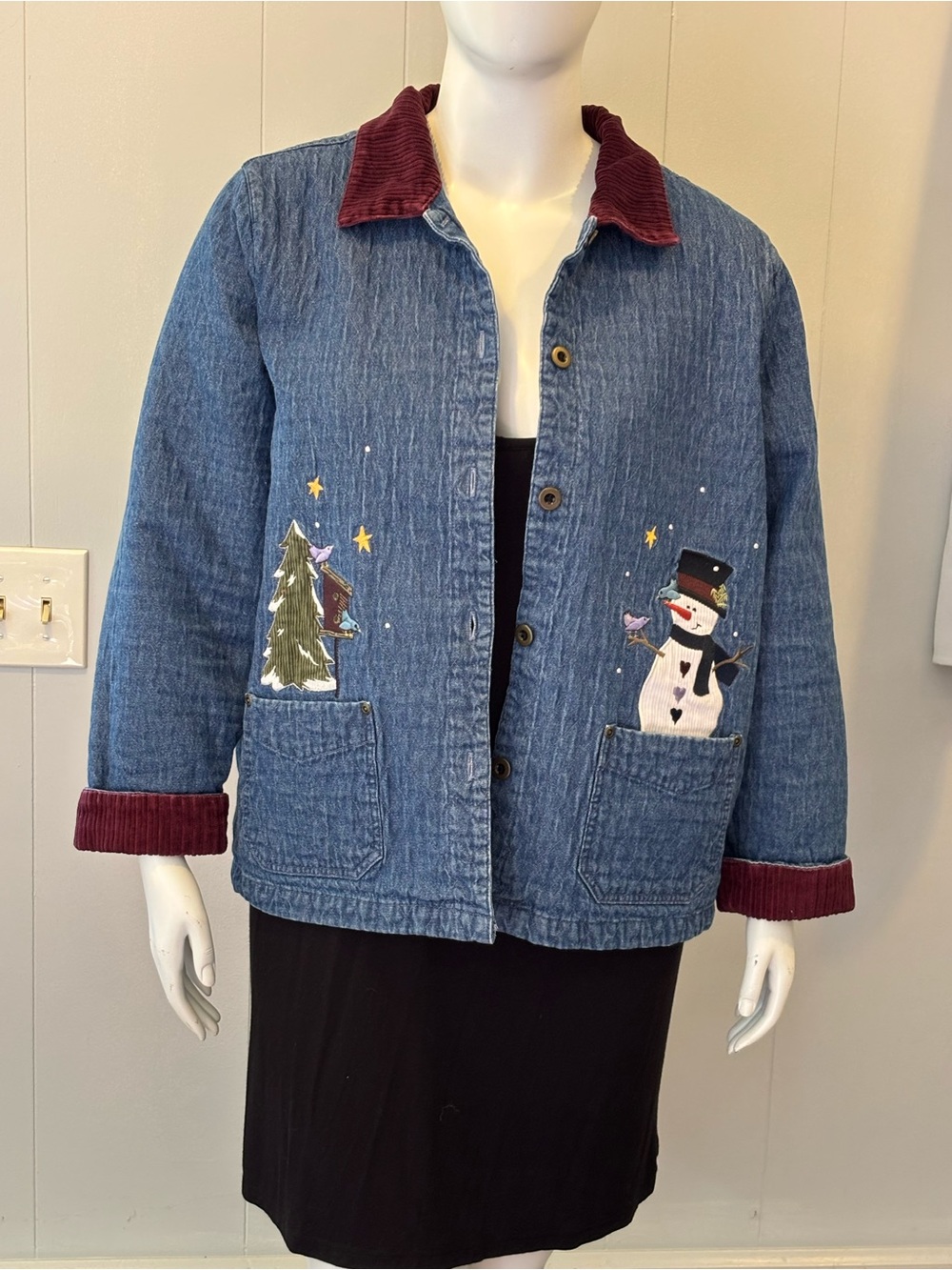 Christopher Banks Quilted Denim Holiday Jacket with Snowman and Tree appliqué.1x
